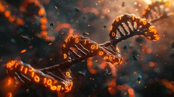 Abstract visualization of DNA strands intertwined with binary code against a glowing background photo