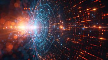Abstract digital vortex with glowing particles and lines, creating a futuristic atmosphere photo