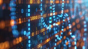 Abstract representation of binary code and data visualization with glowing elements in a digital environment photo