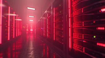 Red-lit server room with rows of servers, reflecting light on the floor, creating a tech ambiance photo