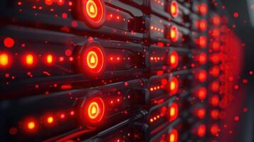 Close-up of illuminated server racks with red lights, showcasing technology in a data center photo