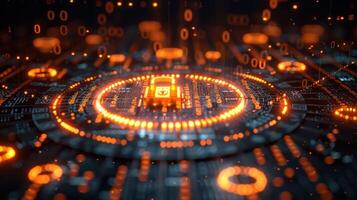 Abstract digital circuit board with glowing orange elements and binary code in dark background photo