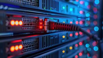 Close-up of network cables connecting to server racks with colorful LED indicators in a data center photo