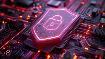 Close-up of a glowing digital shield symbolizing cybersecurity on a circuit board background photo