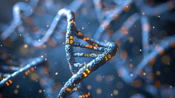 Intricate 3D representation of DNA strands illuminated with glowing numbers, showcasing genetic data photo