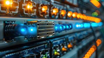 Close-up view of illuminated server equipment in a data center showcasing connectivity and technology photo