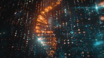Abstract representation of a DNA helix formed by luminous particles in a digital environment photo
