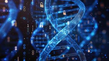 Abstract representation of DNA structure with digital elements and security locks in a futuristic backdrop photo