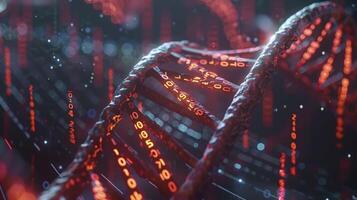 Intricate digital representation of DNA strands intertwined with binary code in a futuristic setting photo