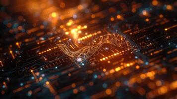 Abstract digital circuit design with glowing orange and blue lights on a dark background photo