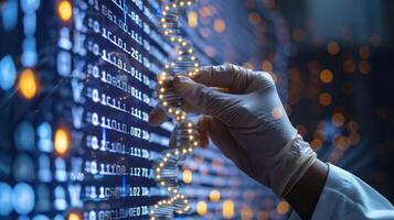 Scientist analyzing DNA strands on a digital screen with glowing data in a lab environment photo