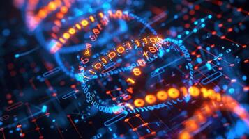 Abstract representation of digital DNA strands with glowing binary code against a dark background photo