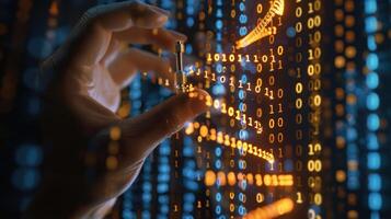 A close-up of a hand manipulating a digital binary code display, illustrating data interaction photo