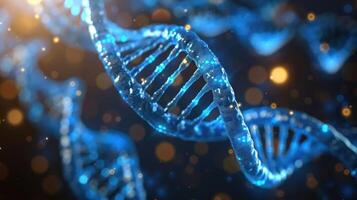 Abstract representation of a DNA double helix with glowing blue strands and bokeh background effects photo