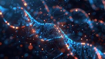 Abstract representation of DNA structure with glowing particles and connections in a dark background photo