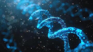 Abstract representation of a glowing DNA helix with shimmering particles in a dark background photo