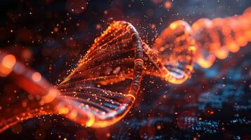 Abstract representation of DNA structure with glowing strands and digital background elements photo