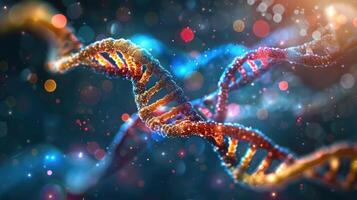Close-up view of a vibrant DNA double helix structure amidst a colorful bokeh background photo