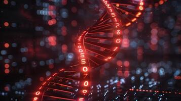 Abstract visualization of DNA structure with glowing red elements and binary code in a digital environment photo