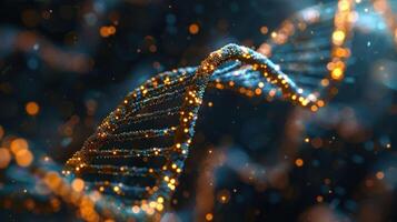 Abstract representation of a DNA double helix with glowing particles in a dark background photo