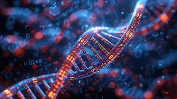 Abstract representation of DNA structure with glowing data streams and vibrant particles in background photo