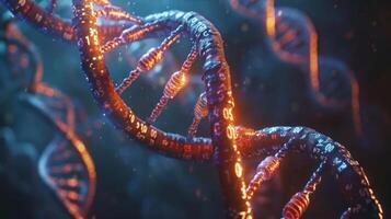 Intricate 3D representation of DNA strands illuminated with vibrant colors in a dark background photo
