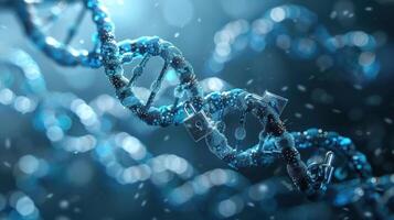 Close-up view of a DNA double helix structure illuminated in a blue environment with sparkles photo