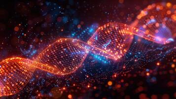 Abstract representation of a glowing DNA helix with vibrant colors and a cosmic background photo