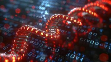 Abstract representation of DNA strands illuminated with red lights amidst a digital data background photo