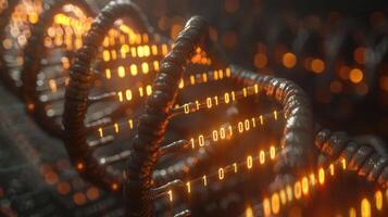 Abstract representation of digital data flowing through a DNA-like structure in a futuristic setting photo