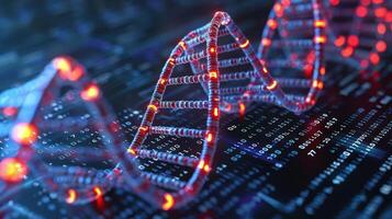 Illuminated DNA strand with digital code background showcasing genetic research and technology photo
