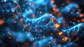 Abstract representation of DNA strands illuminated by vibrant blue and orange lights, showcasing a dynamic background photo