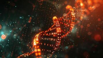 Abstract representation of DNA helix with glowing elements and digital data in a dark background photo