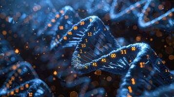 Abstract representation of a DNA double helix with glowing numbers and bokeh effect in background photo