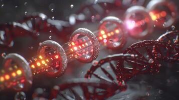 Abstract representation of DNA structure intertwined with glowing binary code and digital elements photo