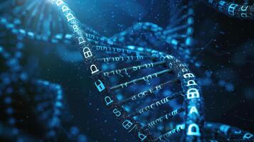Intricate blue DNA double helix structure with glowing genetic code in a dark background photo