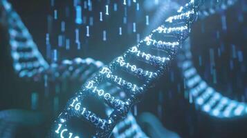 Abstract representation of DNA strands with digital data flowing in a futuristic environment photo