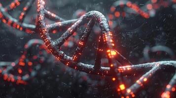 Close-up view of a glowing DNA double helix structure with digital particles in a dark background photo