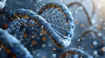 Close-up view of a DNA double helix structure with glowing particles in a scientific background photo
