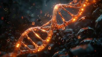 Glowing DNA Helix Surrounded by Binary Code and Digital Elements in a Dark Background photo