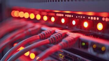 Close-up of illuminated server connections showcasing active network cables in a data center photo