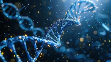 Close-up view of a DNA double helix structure with shimmering particles in a scientific environment photo