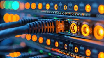 Close-up view of network cables and illuminated ports in a data center, showcasing technology in action photo