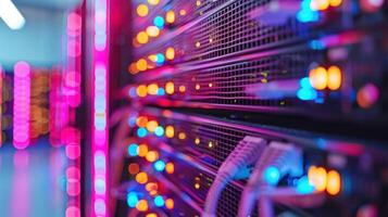 Colorful illuminated server racks in a data center with blurred background activity photo