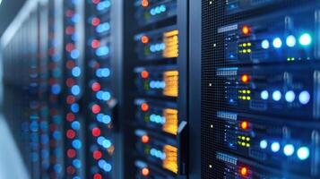 Data center with illuminated servers showcasing technology and network infrastructure photo