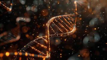 Intricate close-up of a glowing DNA double helix against a dark, sparkling background photo