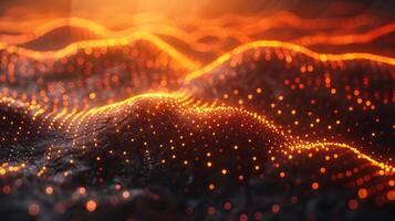 Abstract visualization of glowing wave patterns with vibrant orange lights against a dark background photo