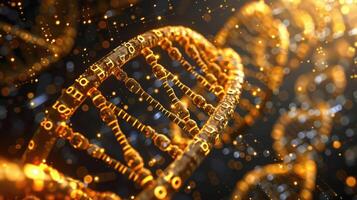 Intricate close-up of a glowing DNA helix with shimmering particles in a dark background photo