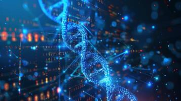 Abstract representation of DNA structure amidst digital data flow and glowing particles photo