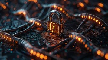 A digital lock secured amidst glowing circuit patterns and binary code, symbolizing cybersecurity photo
